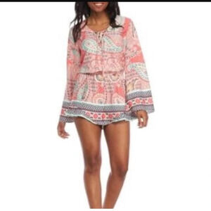 RED CAMEL Paisley Print Romper Mint Coral Flare Sleeve Size Medium